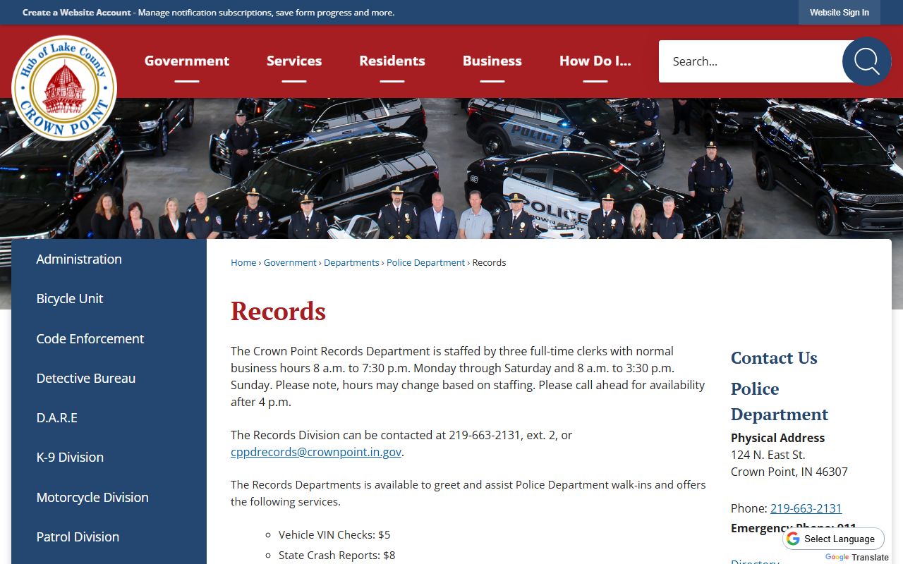 Crown Point police records division page