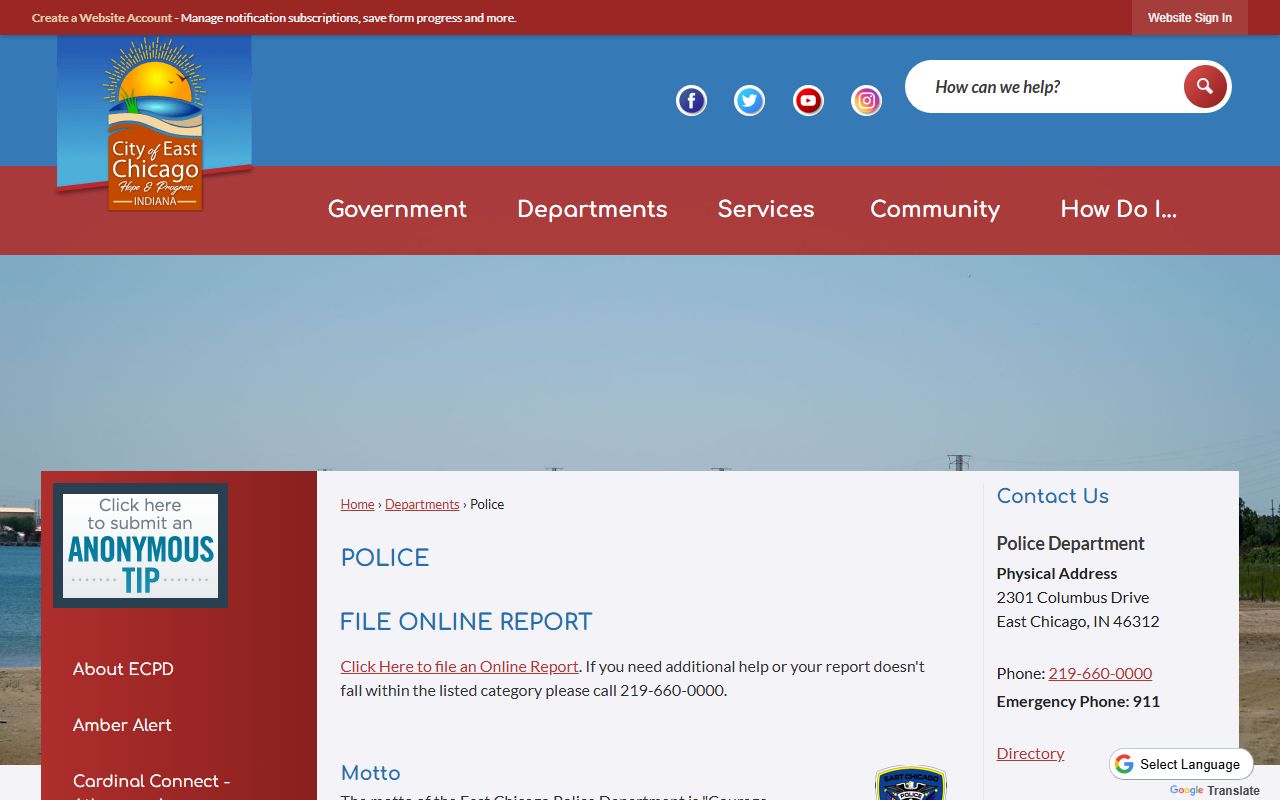 East Chicago Police Department page on city website