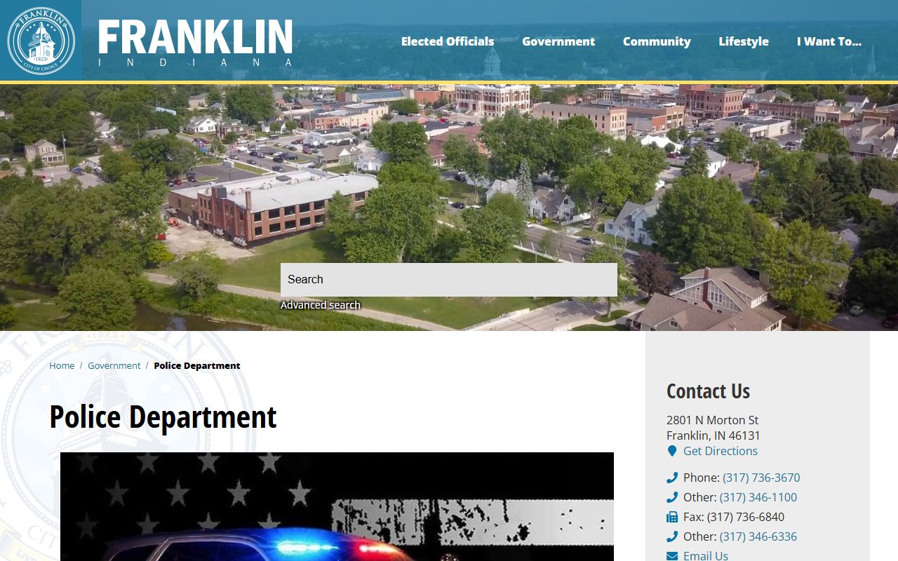 Franklin Police Department website showing contact information and services