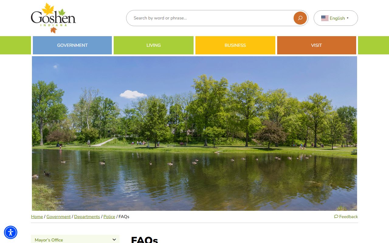 Goshen Police Department FAQ page for police records