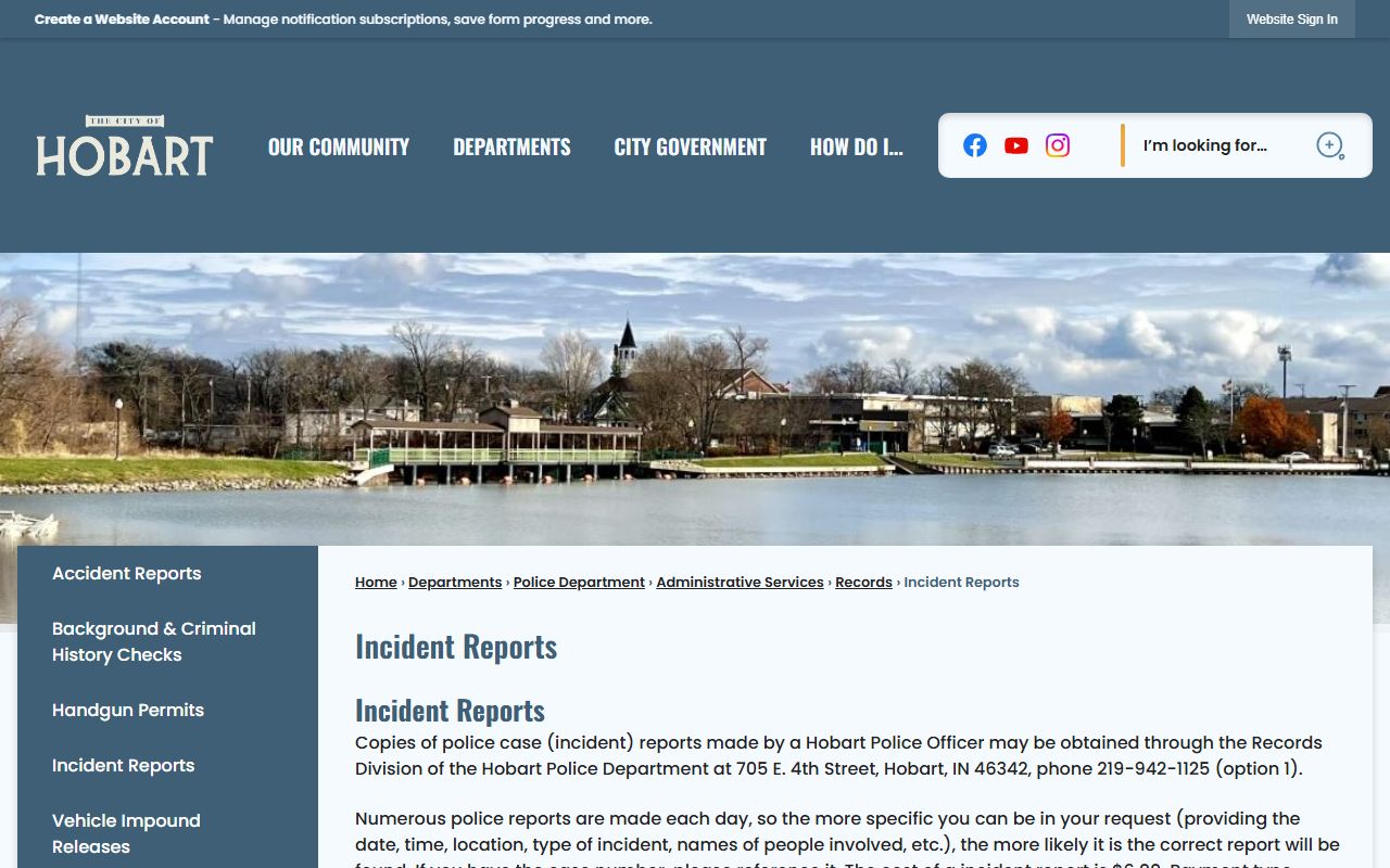 Hobart Police Department incident reports request page