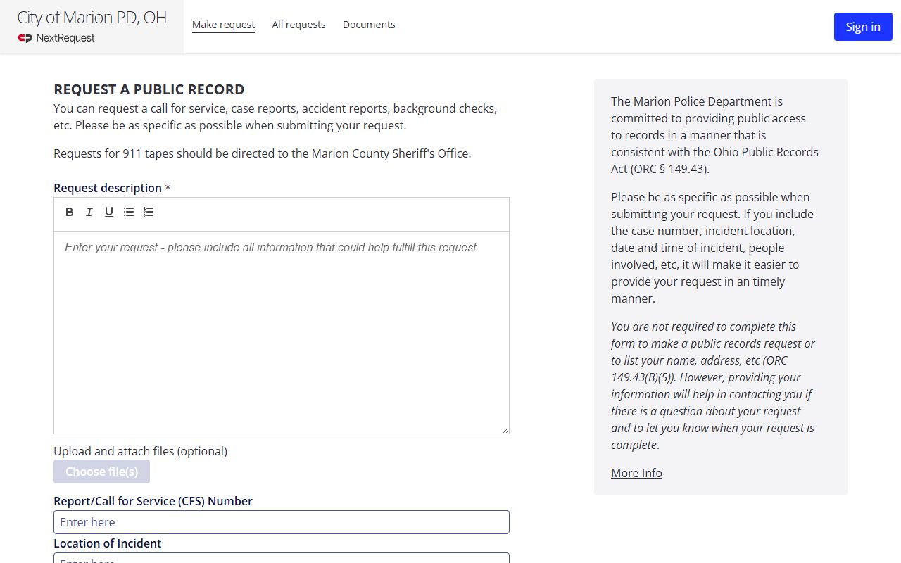 Marion Police NextRequest online records portal