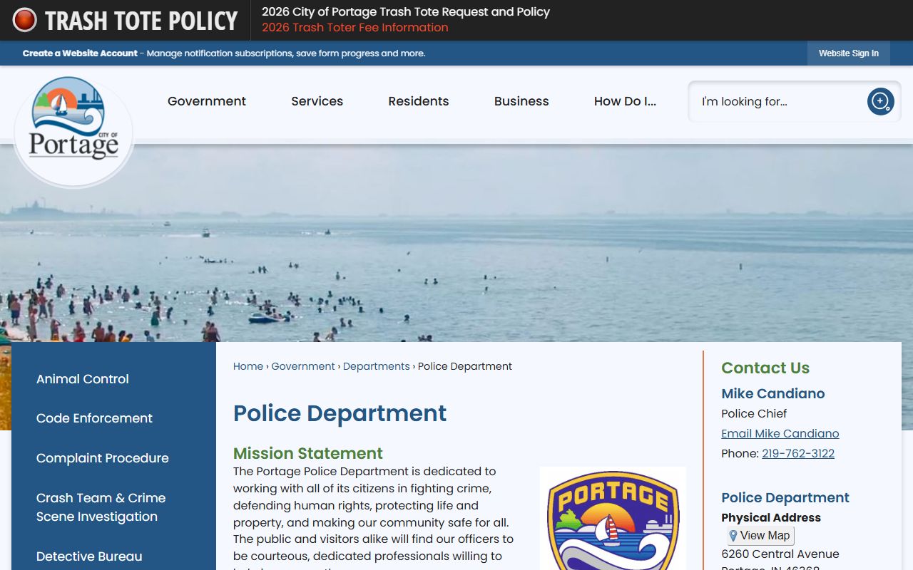 Portage Police Department homepage showing department contact and records resources