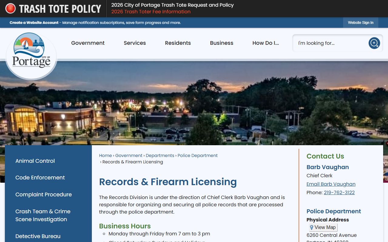 Portage Police records and licensing page showing request procedures