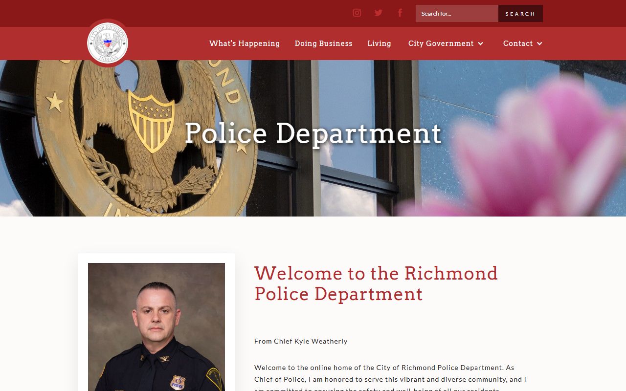 Richmond Police Department homepage showing department contact and public safety resources