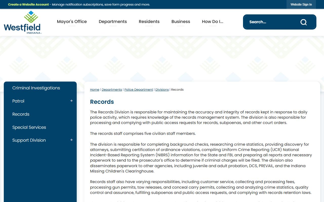 Westfield Police records division page