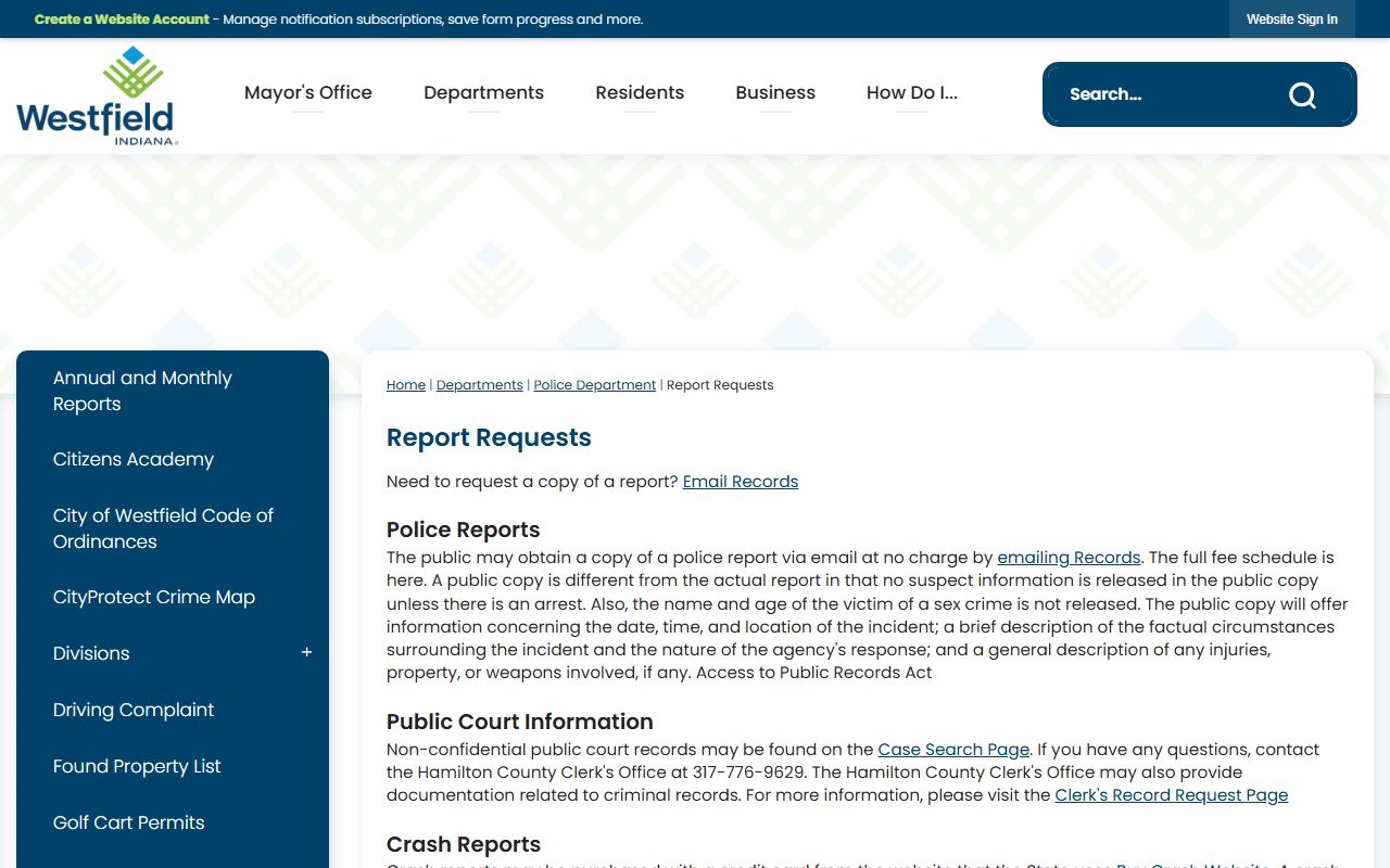 Westfield Police report requests page