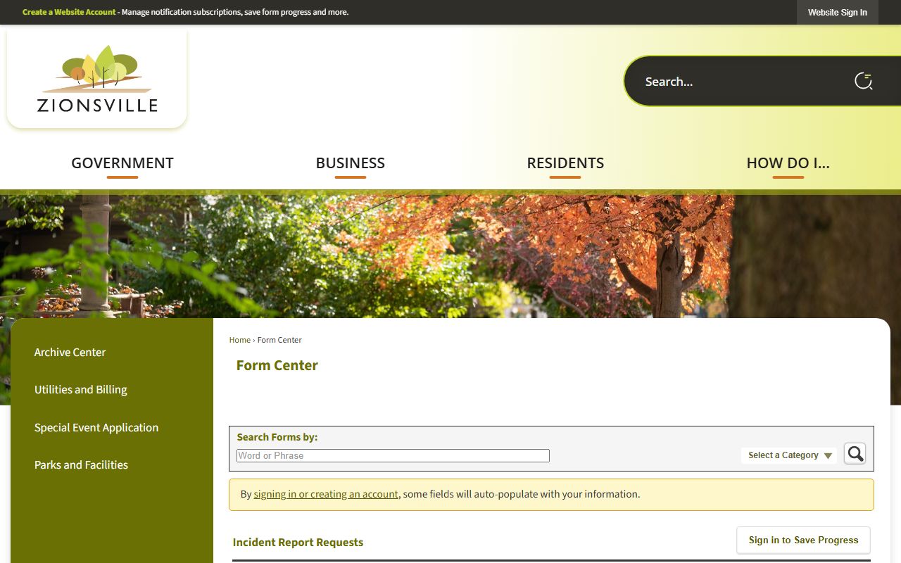 Zionsville Police online incident report request page showing digital submission process