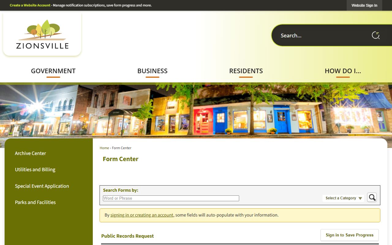 Zionsville Police public records request page with submission details and instructions