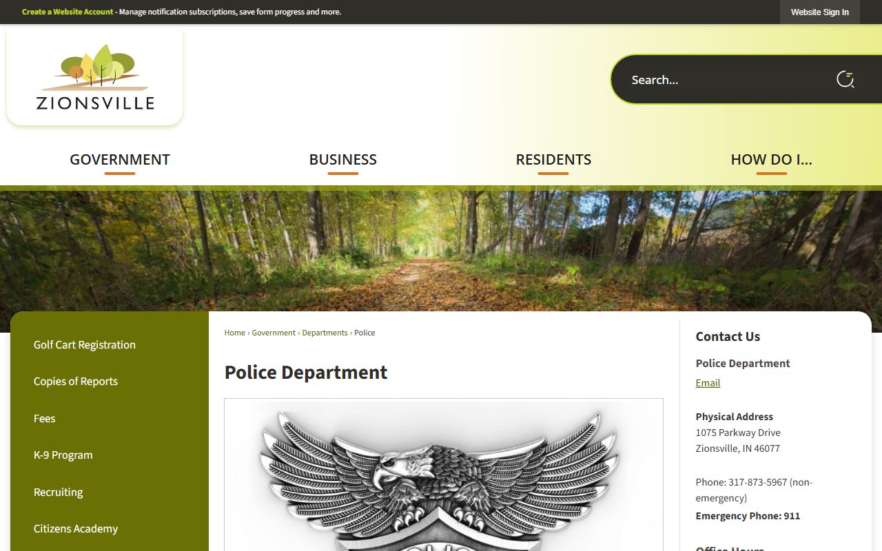 Zionsville Police Department website showing department contact and public records resources