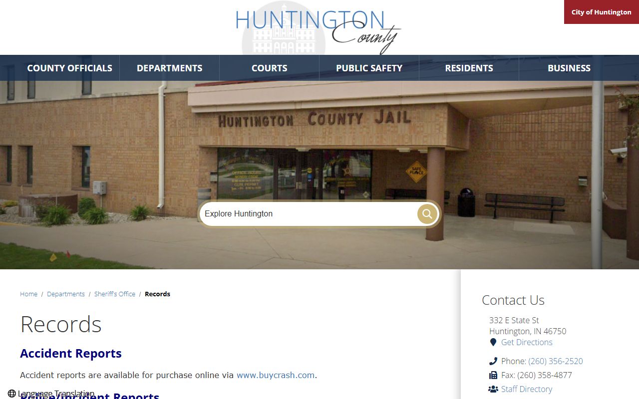 Huntington County Sheriff records page police records