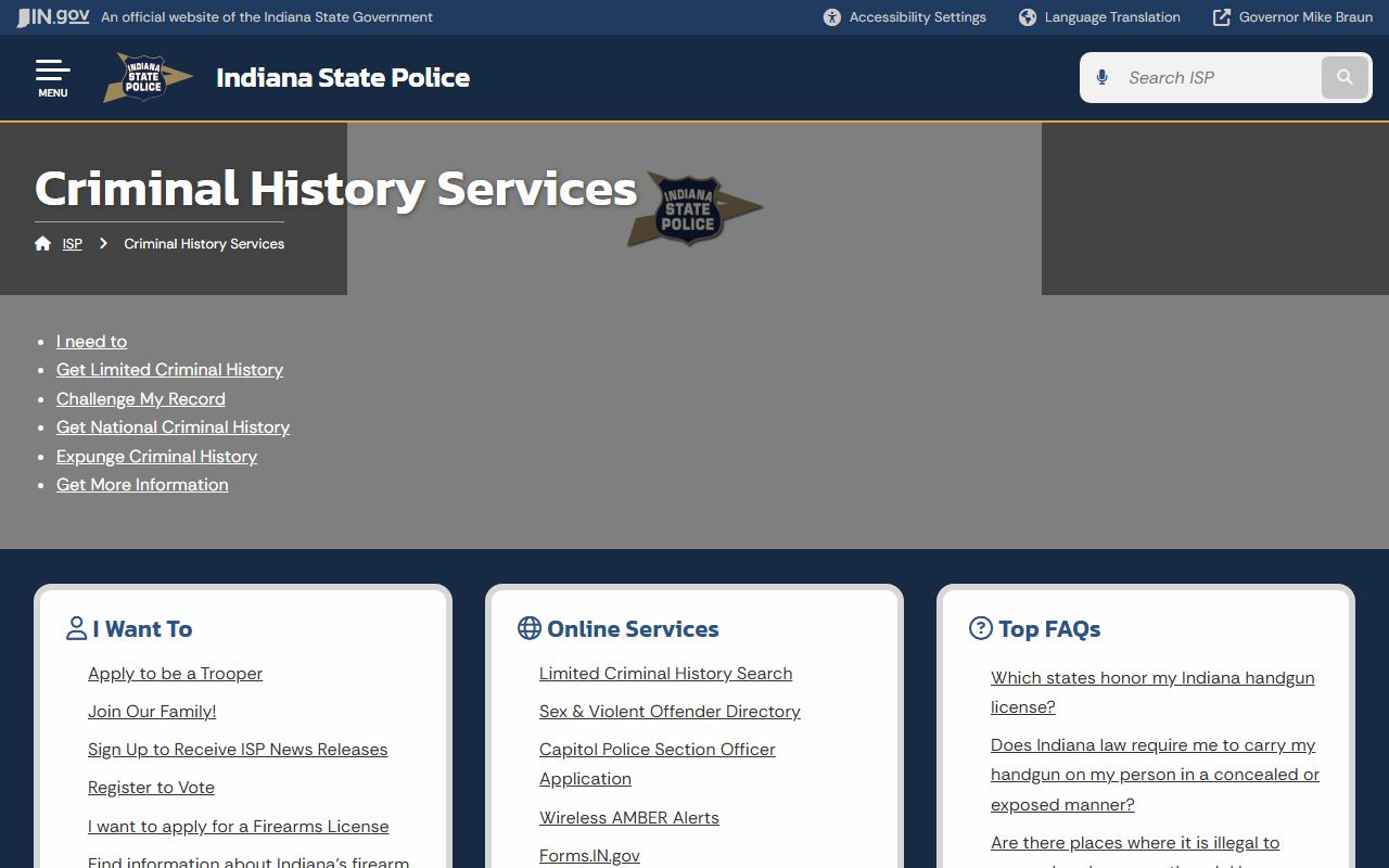Indiana State Police Criminal History Services page showing all options for accessing Indiana police records