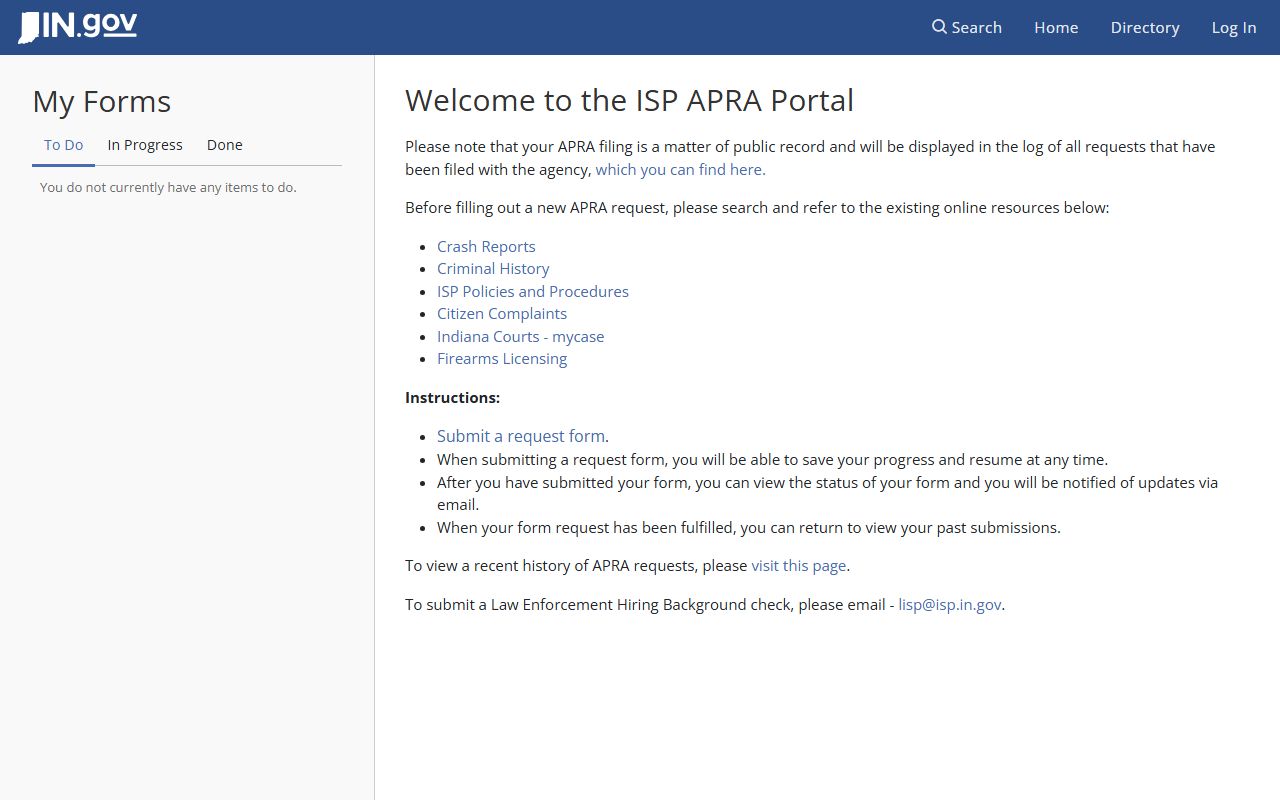 Indiana State Police APRA Records Portal for submitting and tracking Indiana police records requests online