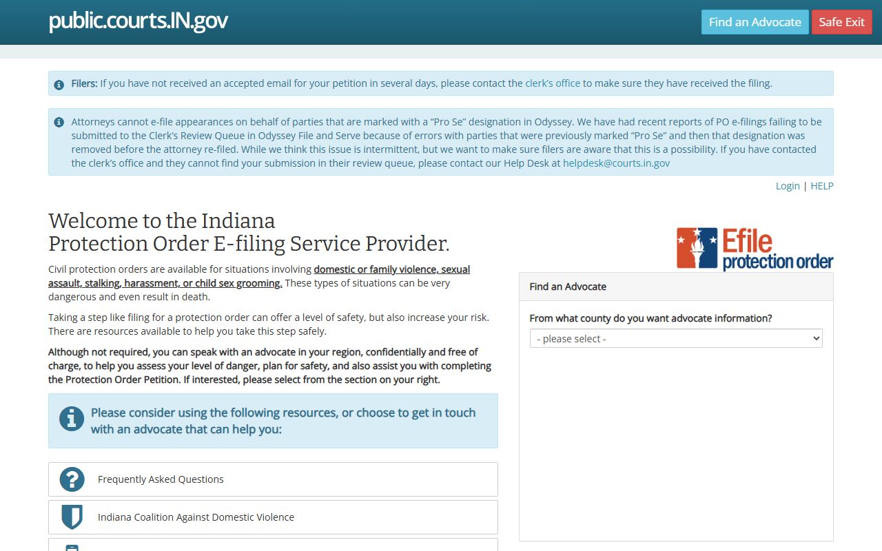 Indiana Protection Order Registry portal for searching active protection orders in Indiana police records