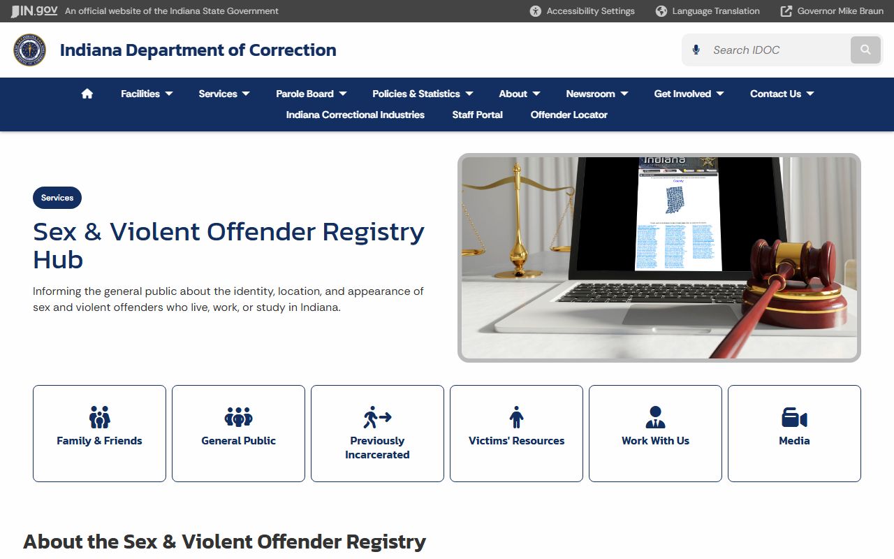 Indiana Department of Correction Sex and Violent Offender Registry page for searching Indiana police records